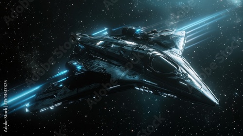 Futuristic spacecraft in dark space