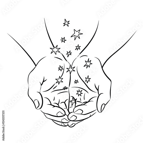  Black and white line drawing of abstract hands releasing stars with Dream Big inscription