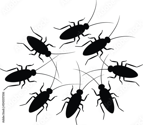 Minimalist graphic design of eight black cockroach silhouettes vector.