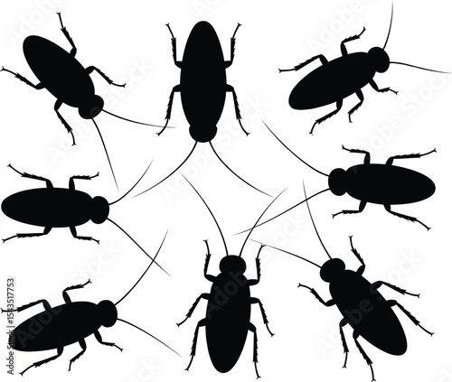 Minimalist graphic design of eight black cockroach silhouettes vector.