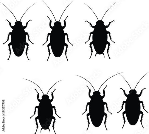 Minimalist graphic design of eight black cockroach silhouettes vector.