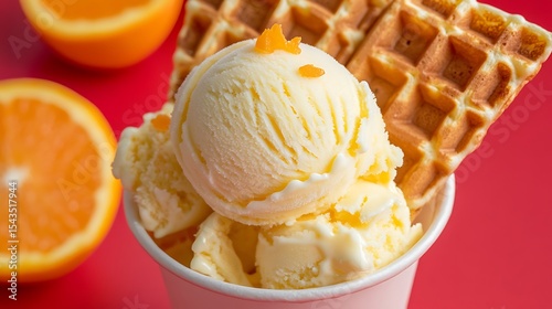 Orange ice crem served in a cup with waffles over red background