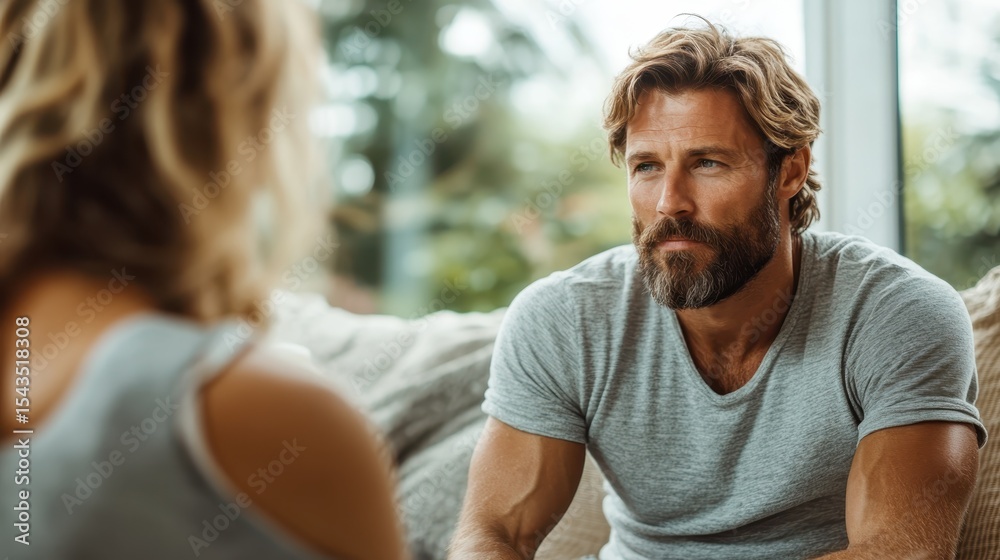 Obraz premium A man with a beard and deep gaze engages in a serious conversation, highlighting the importance of emotional connection and understanding in human interactions.