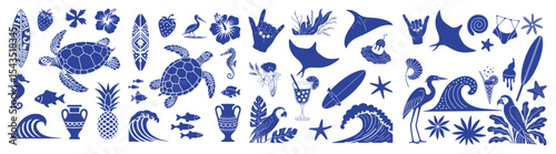 Vibrant Blue Summer Beach Silhouettes A Captivating Collection of Tropical Elements for Creative Projects and Designs Evoking Sunshine and Relaxation