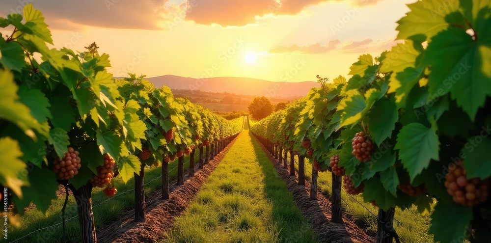 Naklejka premium Sun-drenched rows of grapevines stretching to the horizon, lush green foliage heavy with ripening fruit, a picturesque vineyard landscape at harvest time , winemaking, lush