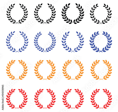 Collection of Laurel Wreaths in Black, Blue, Orange and Red Colors with Various Leaf Designs and White Background