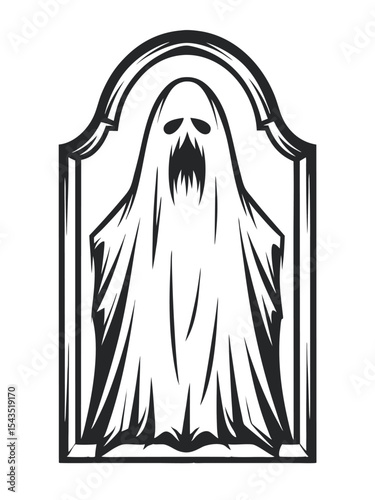 Stylized Halloween Ghost Figure with Gothic Frame in Black and White, Isolated on White Background for Holiday Design, Vector Illustration            