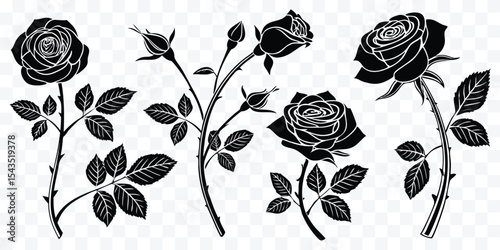 Rose Silhouette Vector Set – 7 Elegant Black Rose Illustrations for Tattoos, Crafts & Decor