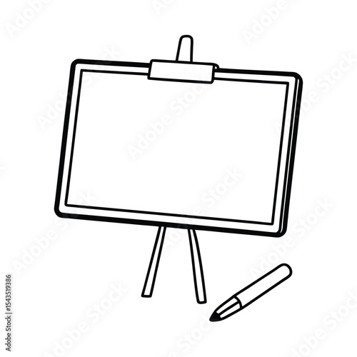 Black and white illustration of an easel with a blank whiteboard and a pen or marker beside it