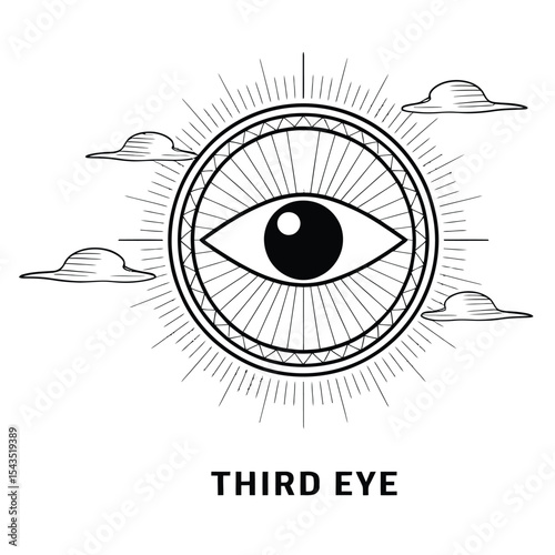 Black and white vector illustration of a stylized third eye symbol with meditative light and smoke