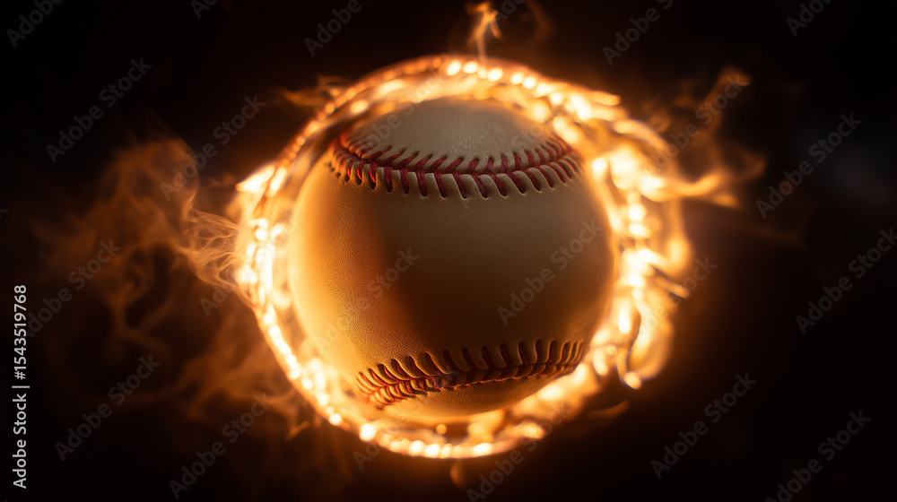Flaming baseball in midair, fiery glow in darkness — power and intensity unleashed Flaming baseball in midair, fiery glow in darkness — power and intensity unleashed