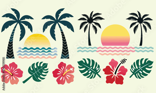 Summer beach sticker set with cute tropical elements.