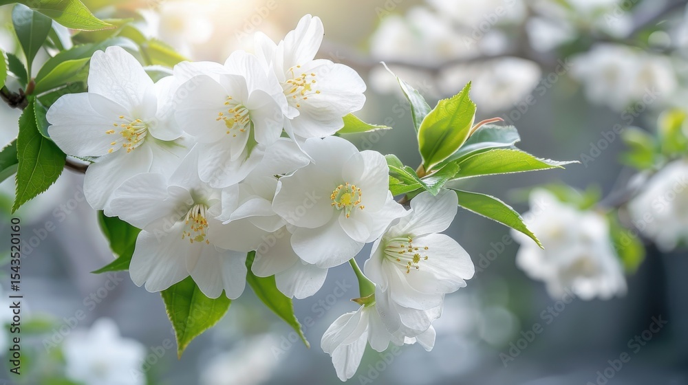 Fototapeta premium A beautiful shot of white flowering blossoms bathed in soft sunlight, symbolizing purity, renewal, and the essence of spring in nature photography.