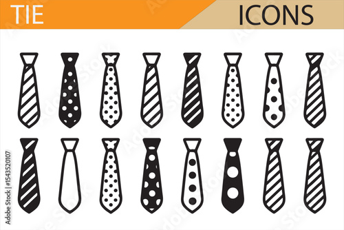 Set of Tie Icons Representing Various Patterns, Designs, and Styles for Men’s Fashion, Formal Clothing Accessories, Vector Graphics