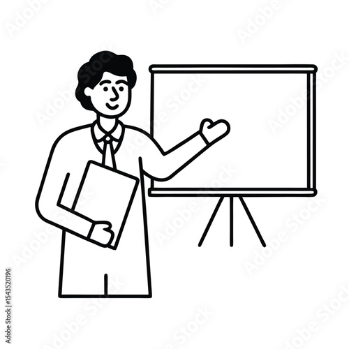 Business professional presenting at a conference with a blank whiteboard in simplified vector illustration