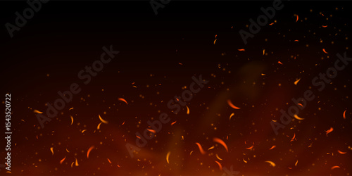 Glowing fire sparks and embers rise from burning wood on dark background. Fiery particles and smoke create hot dynamic atmosphere. Perfect for grill, bonfire or fireplace themes. Realistic effect. Eps