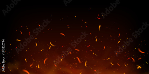 Hot embers and flying fire sparks rise in dark smoky background. Glowing particles and red flames evoke heat and power. Perfect for grill, bonfire or fireplace themes. Realistic vector illustration.