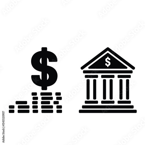  Finance vector pack featuring dollar sign, coins, and bank in black and white line art style