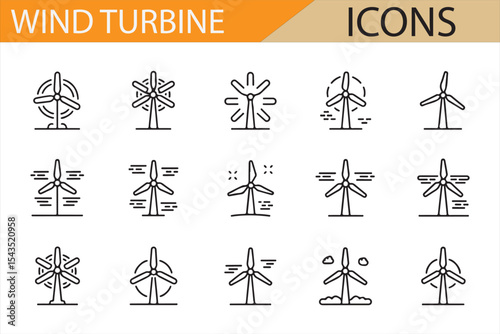 Icon Set Representing Wind Turbine Power Generation and Solar Energy Integration

