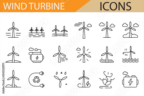Set of Icons for Wind Turbines, Solar Panels, and Green Power for Energy Solutions