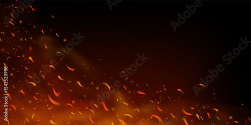 Flying sparks and glowing embers over dark smoky background. Fiery flare with burning wood and hot particles. Realistic vector texture. Perfect for grill, bonfire or fire themed illustrations.