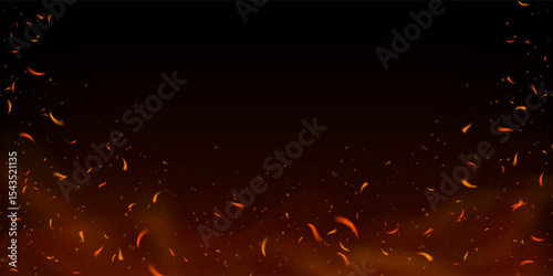 Fiery sparks and embers flying upward on dark background. Glowing flame effect with smoke, ash and burning particles. Perfect for fireplace, grill or industrial fire concepts. Realistic vector overlay