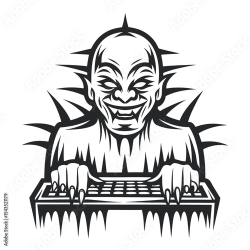 Grinning Cyber Demon Typing on Keyboard: Vintage Mascot Design with Fangs and Spikes, Monochrome Vector Illustration for Dark Online Concepts.        