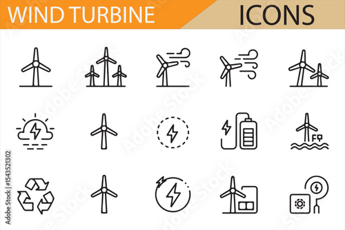 Set of Wind Turbine Icons Representing Renewable Energy, Solar and Wind Hybrid Power, Battery, Solar Panels, and Environmental Impact, Vector Graphics