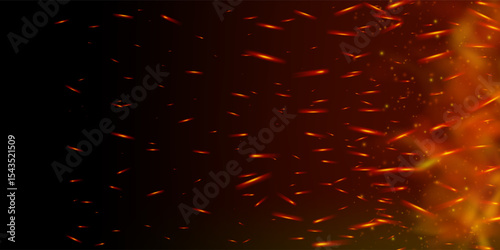 Realistic fire sparks and glowing embers rise on dark smoky background. Hot flame, flare and burning particles create intense heat effect. Perfect for grill, danger or explosion themes. Vector eps.
