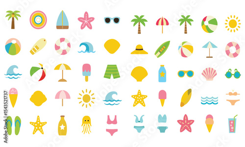 Summer beach sticker set with cute tropical elements.