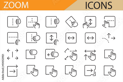 Set of Zoom Icons with Arrow and Hand Gestures for User Interaction in Digital Platforms, Zoom In and Out Features for UX/UI Design, Vector Graphics