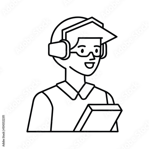 Customer service representative wearing headset and glasses holding a tablet illustration