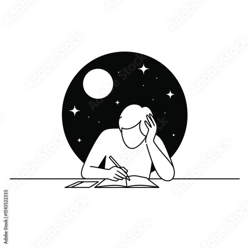 Minimal line art of a person journaling at night in black and white style