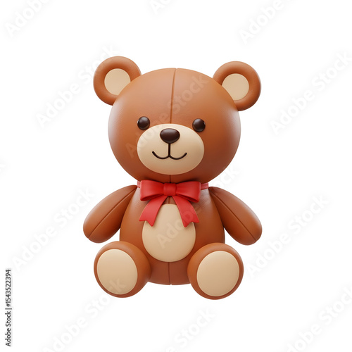 A detailed 3D render of a cuddly toy animal with brown fur and a red bow tie set against a transparent background. The design features large ears and soft textures.