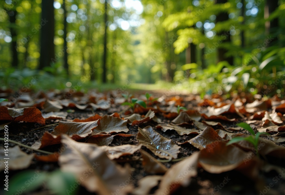 Obraz premium Forest floor covered with fallen leaves in a lush green woodland setting