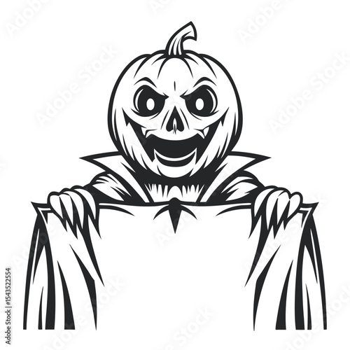 Halloween Pumpkin Head Illustration: Detailed Vector Graphic of Spooky, Smiling Pumpkin Character Holding Blank Sign, Ideal for Festive Designs and Event Announcements.
