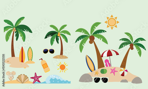 Summer beach sticker set with cute tropical elements.