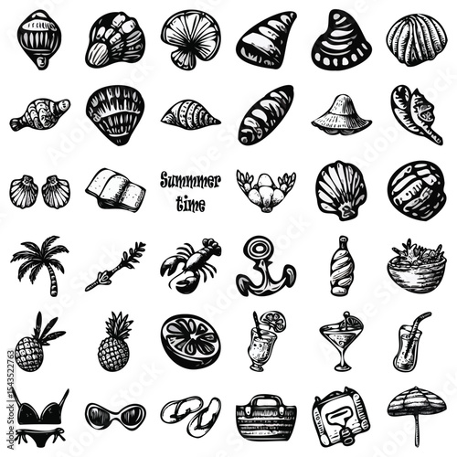 Hand drawn summer doodle icon set 4 – beach, shells, tropical fruits, drinks, vacation elements in Adobe Illustrator Artwork