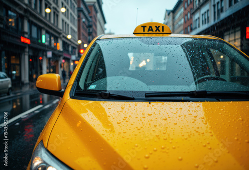 Yellow taxi cab parked on a rainy city street with raindrops on the windshield