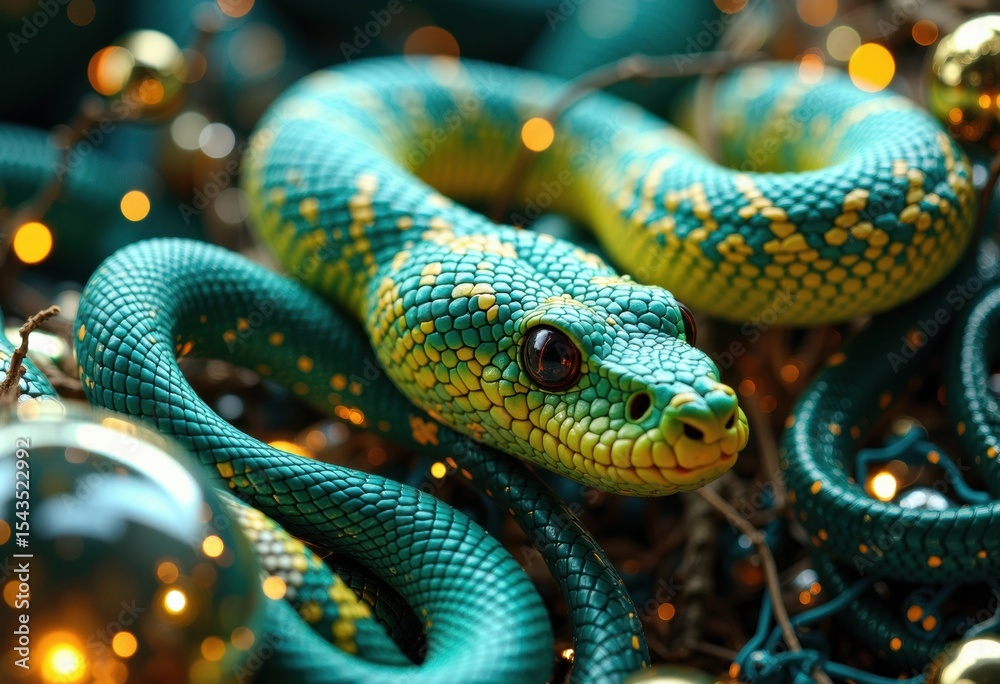 Fototapeta premium Close-up of a vibrant green and yellow snake with detailed scales and glossy eyes
