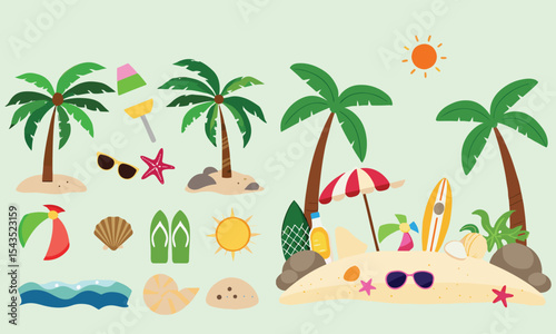 Summer beach sticker set with cute tropical elements.
