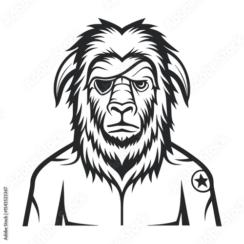 Monochrome Vector Graphic: Eyepatched Yeti with Star Tattoo Depicted in a Portrait-Style Illustration with Detailed Fur and Serious Expression, Presented on a White Background