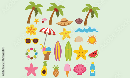 Summer beach sticker set with cute tropical elements.