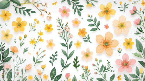 Set of spring and summer hand drawn flowers. Floral elements, wildflower, leaves and herb, plants, foliage on white background. Collection spring blossom icons. Vector flat illustration.