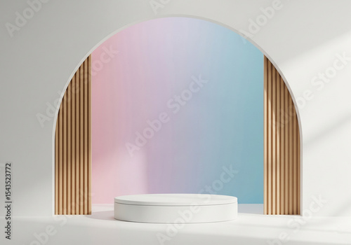 Minimal Podium Scene with Arched Frame and Gradient Backdrop