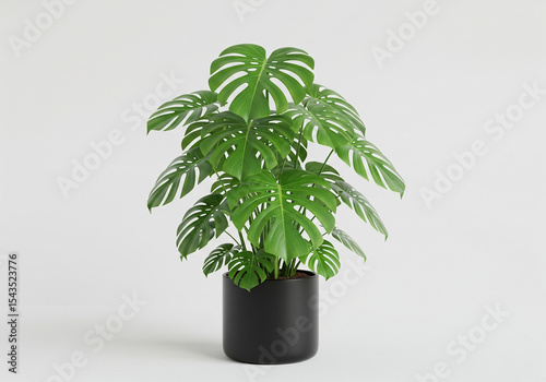 Monstera Deliciosa in Black Pot on White Background