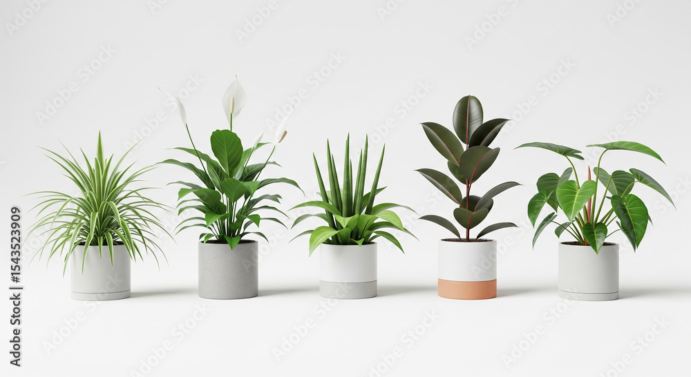 Fototapeta premium Collection of Indoor Plants in Bright Pots Arranged Neatly