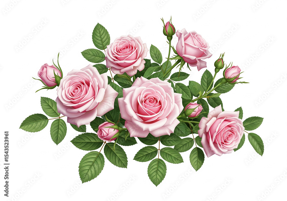 Fototapeta premium Pink Rose Floral Arrangement with Buds and Green Leaves on White