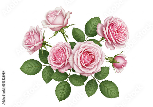 Realistic Botanical Illustration of Pink Rose Bouquet