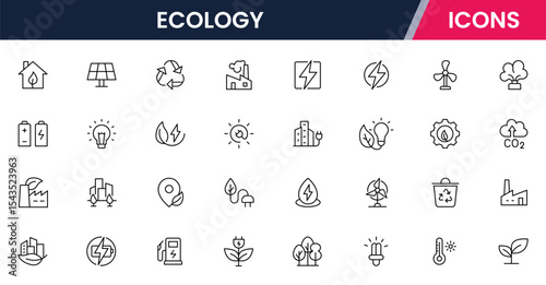 Vector illustration web line icon collection for ecology: nature, sustainability, renewable energy, and green living symbols in a clean, modern, eco-friendly style.